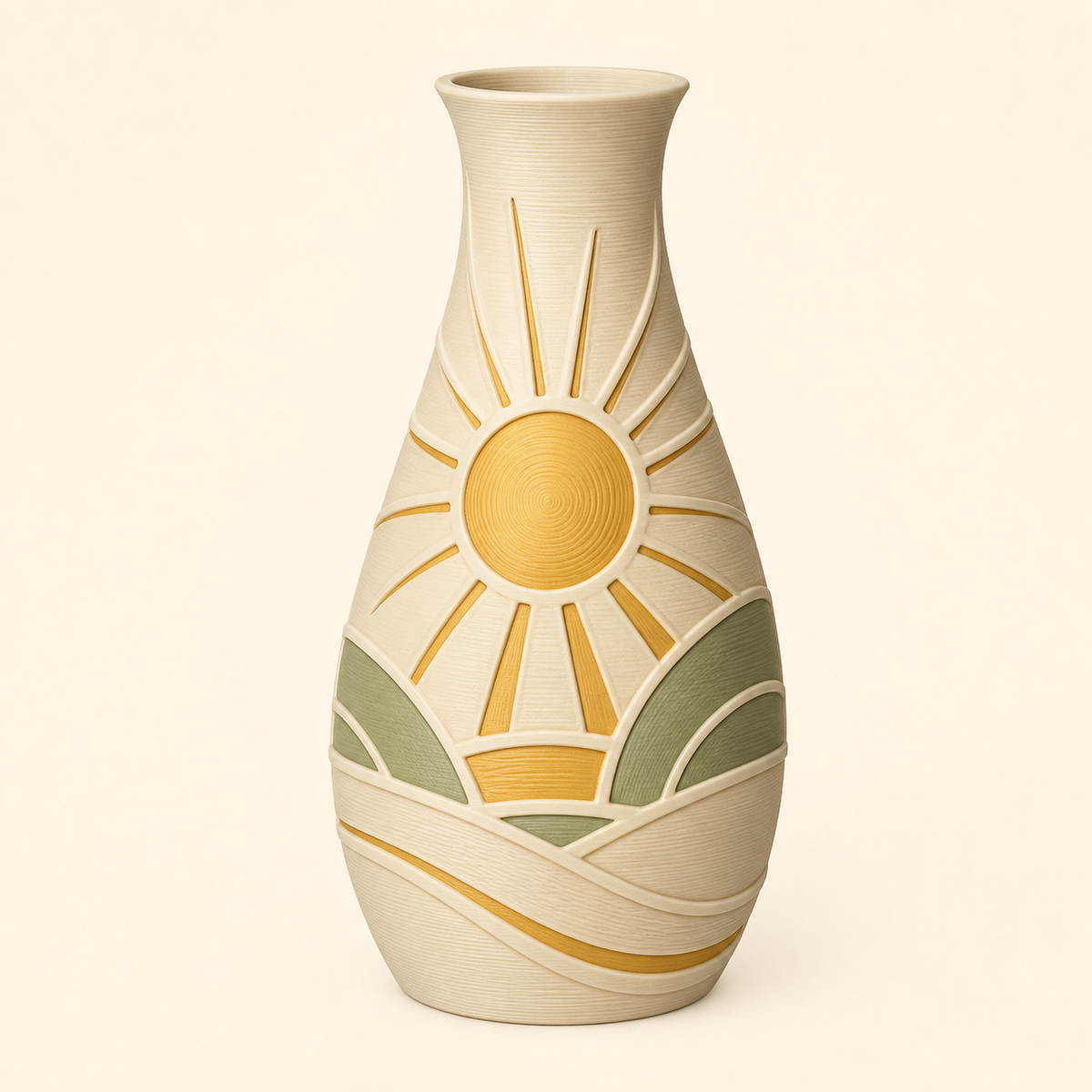 Sonnen-Trockenblumen-Vase Sonnenblatt aus 3D-gedrucktem PETG in Elfenbein, Goldgelb, Salbeigrün