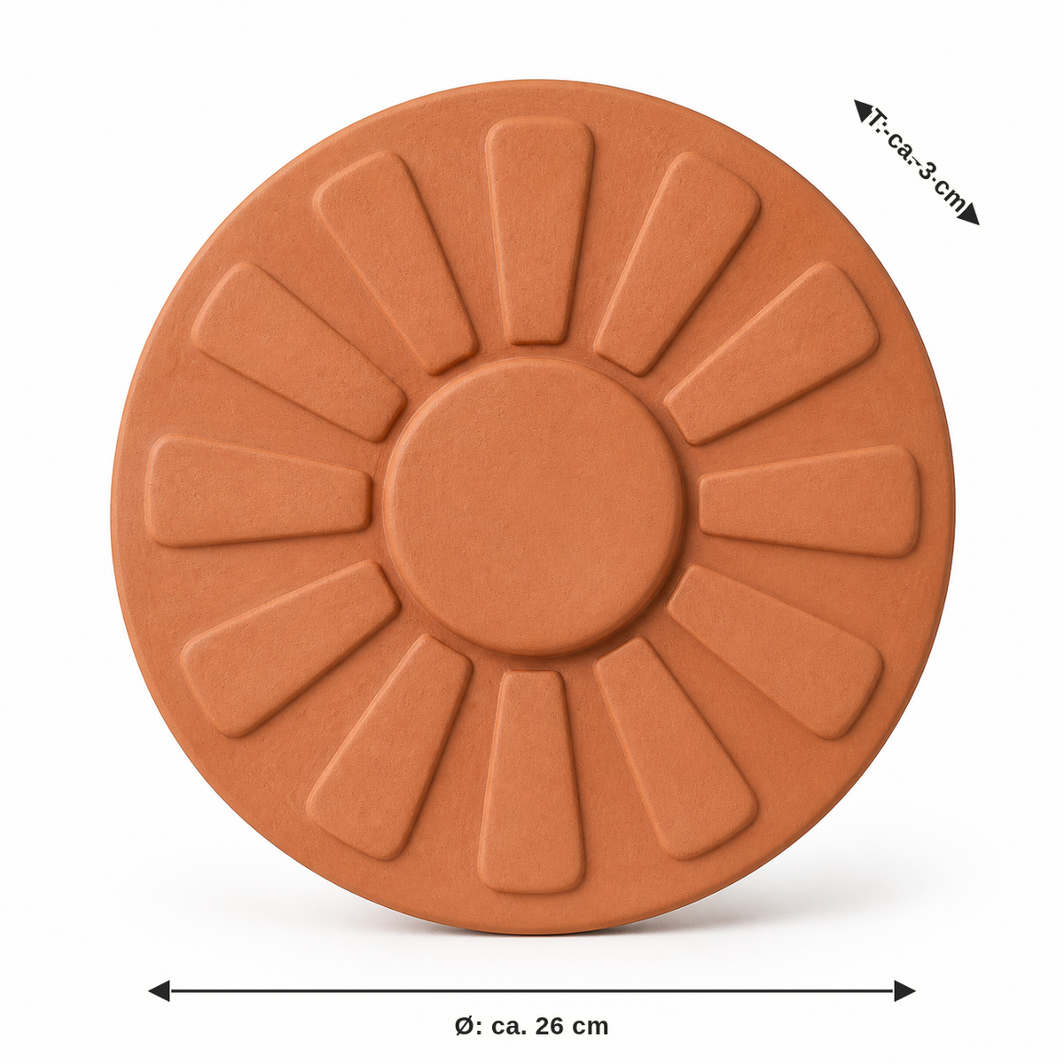 Measurement for solar wall relief in terracotta: diameter approx. 26 cm, depth approx. 3 cm