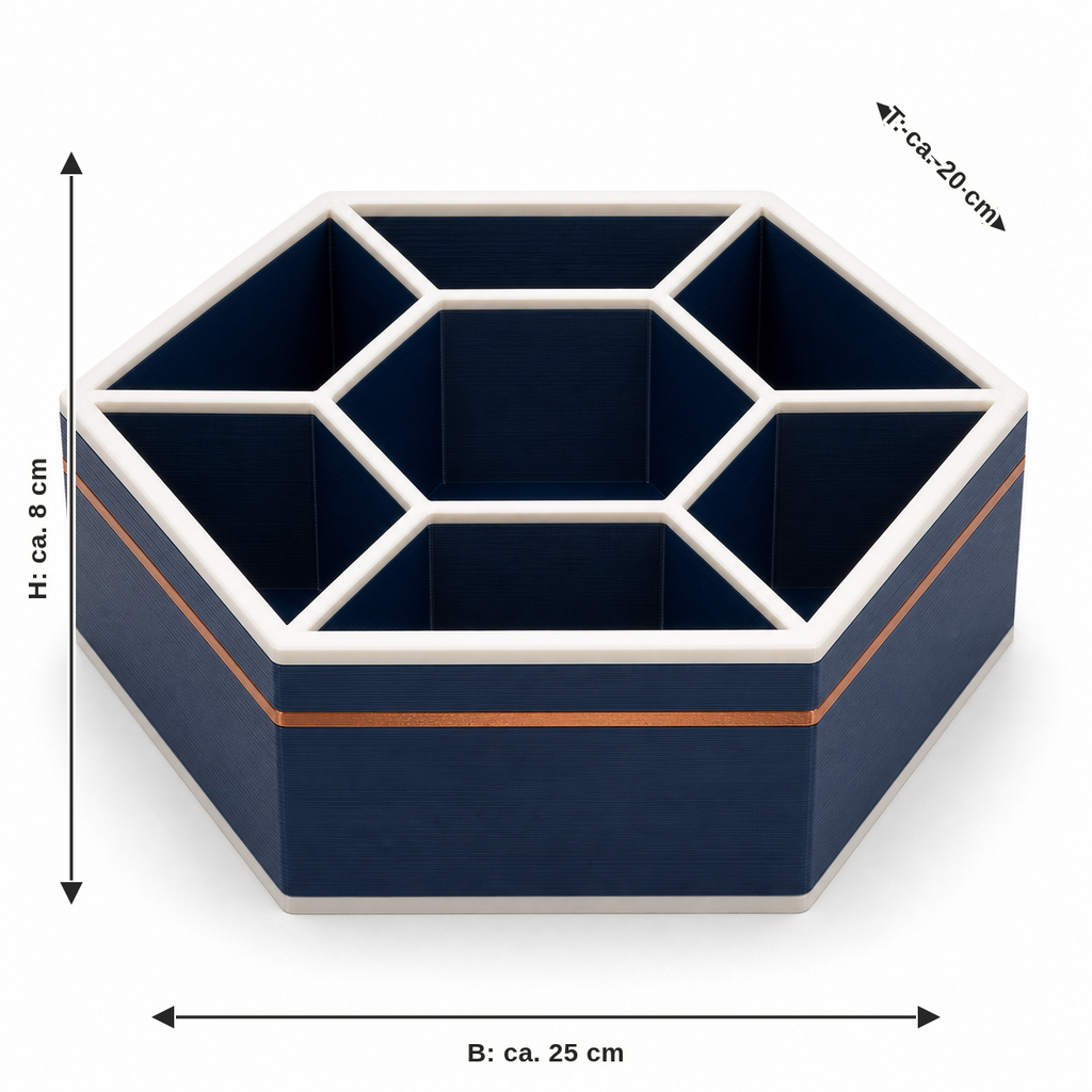 Dimensional image for sorting box Nightwave: width about 25 cm, depth about 20 cm, height about 8 cm