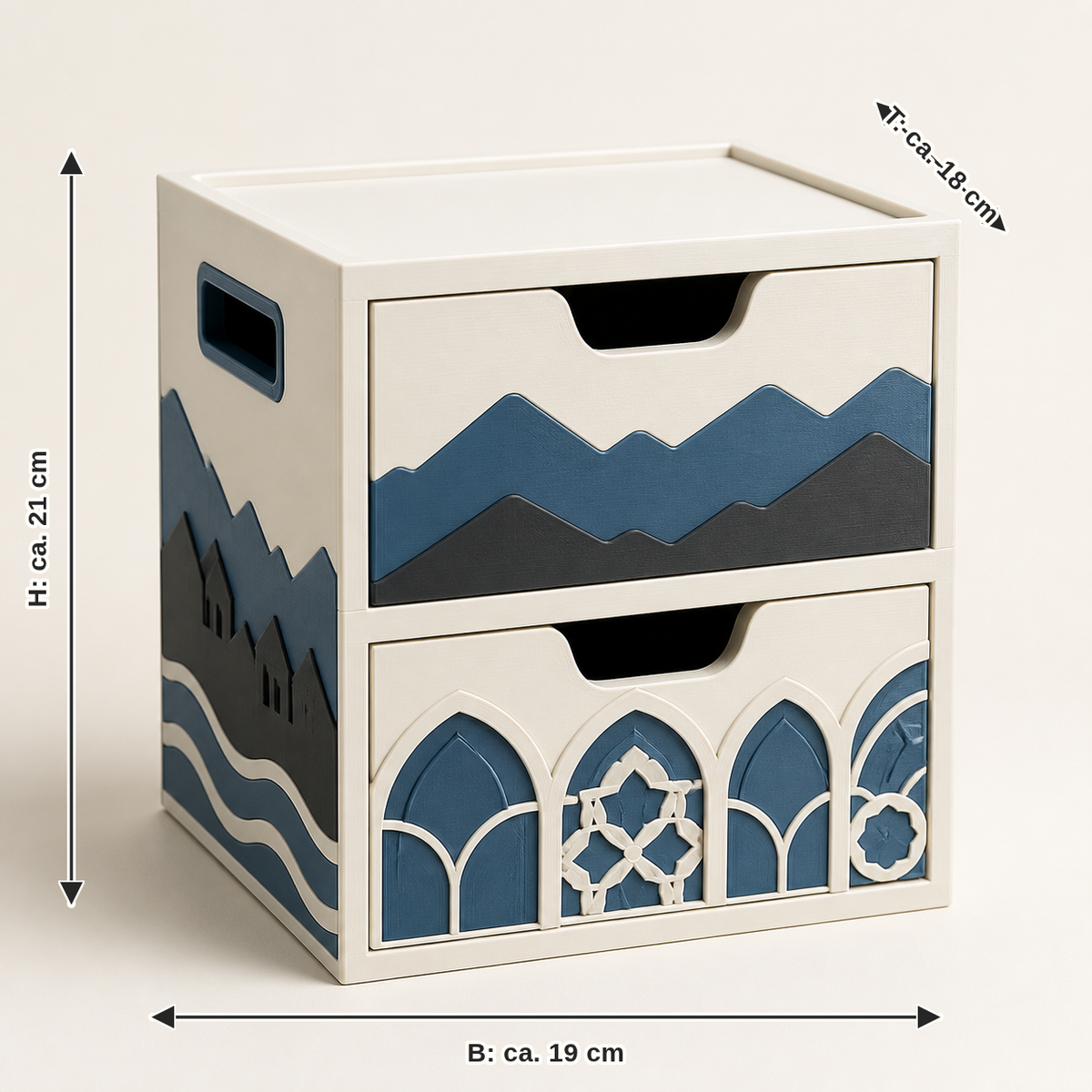 Measurement for sorting cube Alpenbogen – Salzburg: width approx. 19 cm, depth approx. 18 cm, height approx. 21 cm