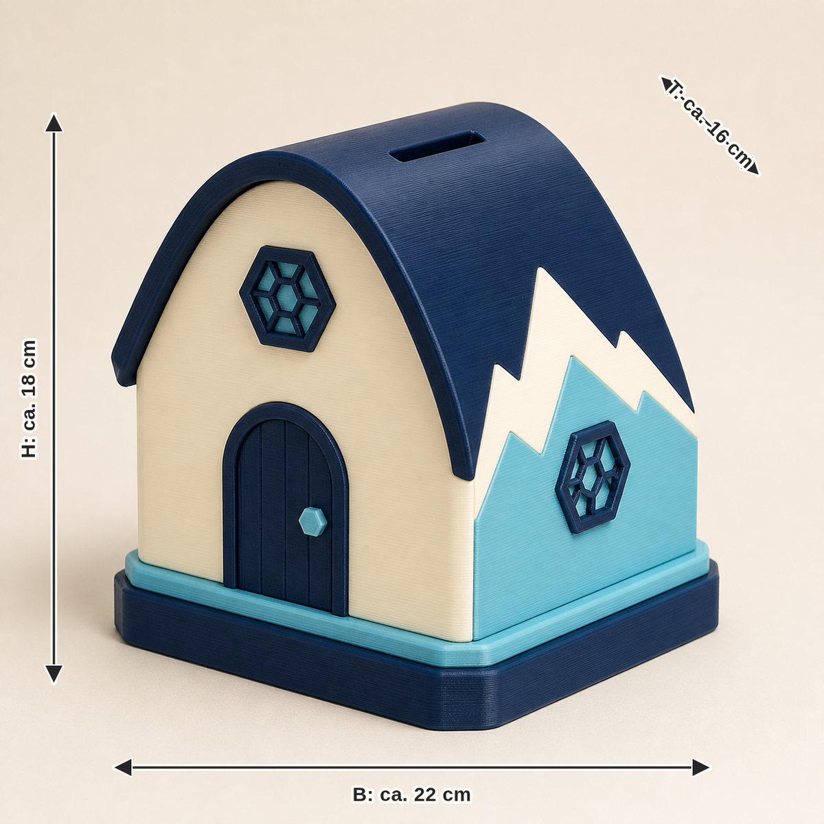 Maßbild für Sparbüchse Berghütte – Futuristisch: Breite ca. 22 cm, Tiefe ca. 16 cm, Höhe ca. 18 cm