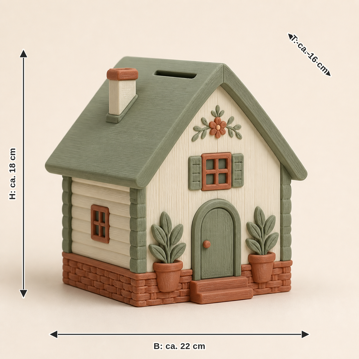 Maßbild für Sparbüchse Berghütte – Landhaus: Breite ca. 22 cm, Tiefe ca. 16 cm, Höhe ca. 18 cm