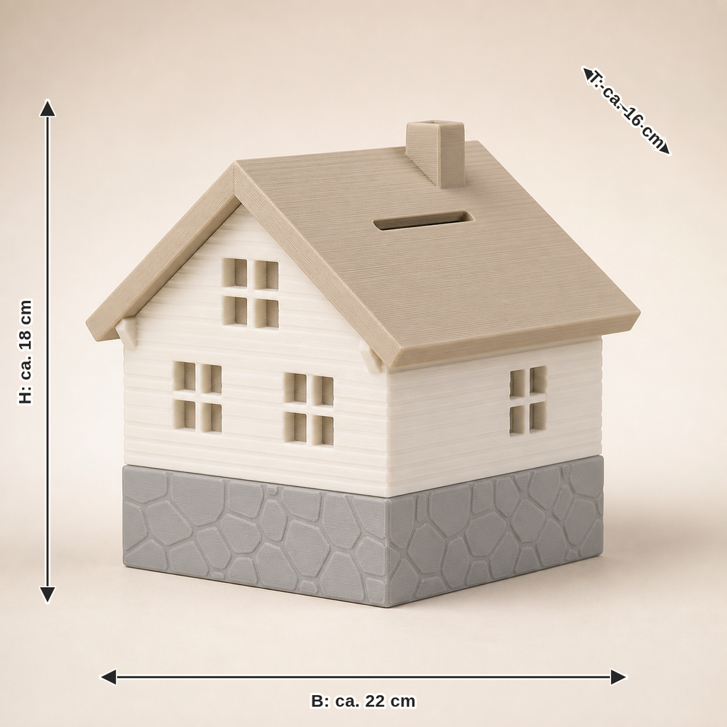 Dimensional image for money box mountain hut – minimalist: width about 22 cm, depth about 16 cm, height about 18 cm