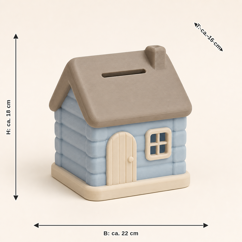 Dimensional picture for money box mountain hut – serene: width about 22 cm, depth about 16 cm, height about 18 cm