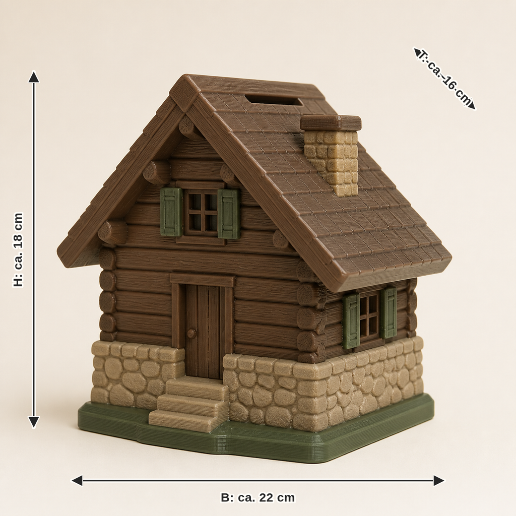 Dimensional picture for money box mountain hut – rustic: width about 22 cm, depth about 16 cm, height about 18 cm