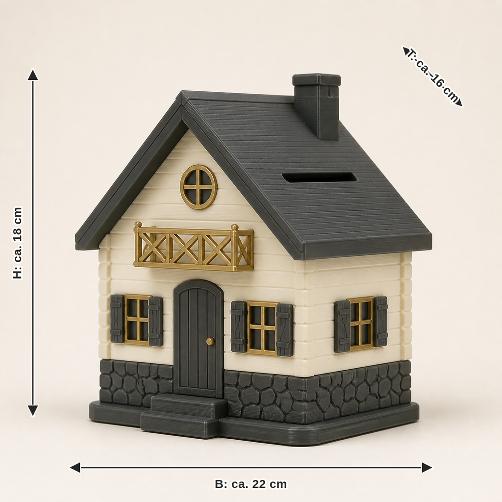 Maßbild für Sparbüchse Berghütte – Zeitlos: Breite ca. 22 cm, Tiefe ca. 16 cm, Höhe ca. 18 cm