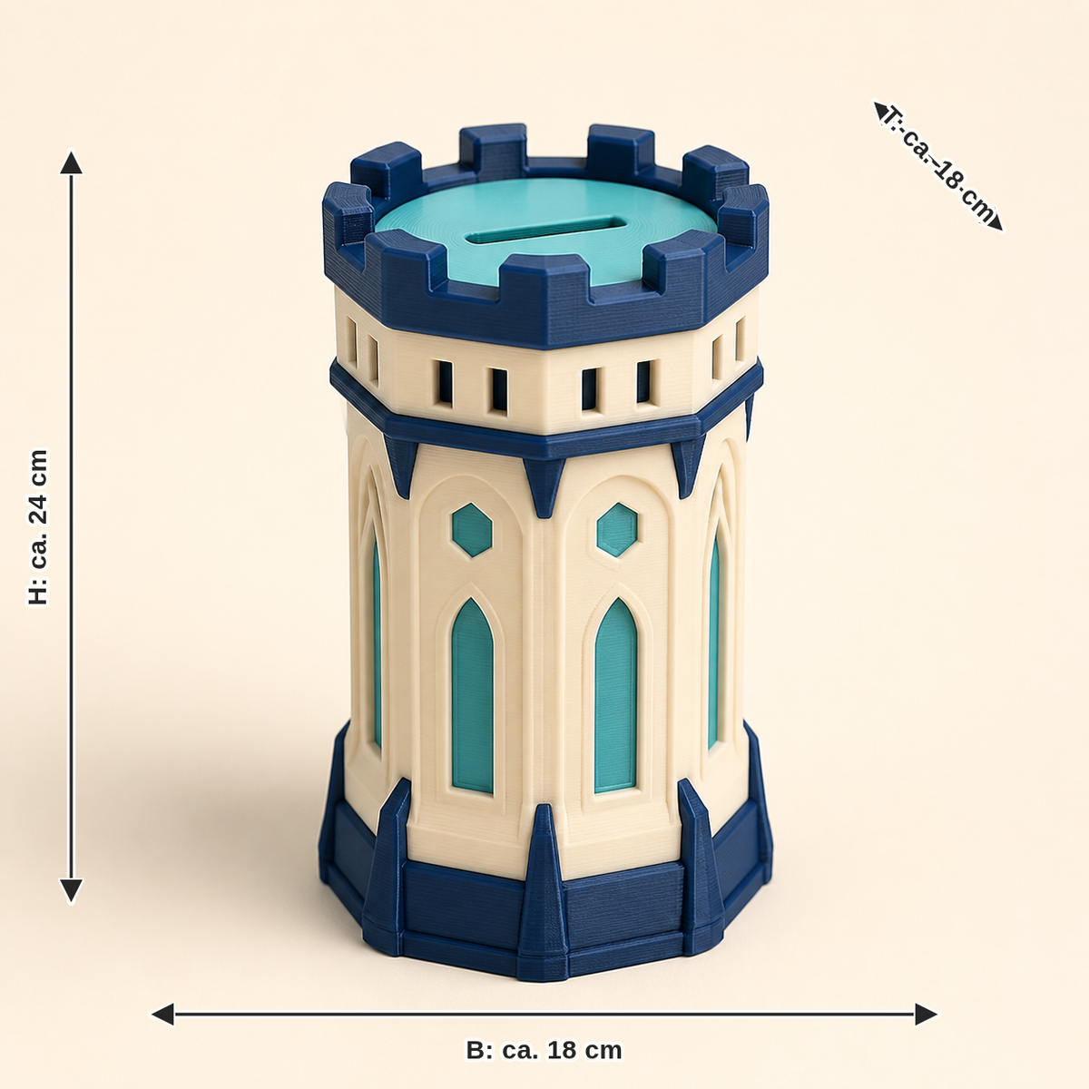 Maßbild für Sparbüchse Burgturm – Futuristisch: Breite ca. 18 cm, Tiefe ca. 18 cm, Höhe ca. 24 cm