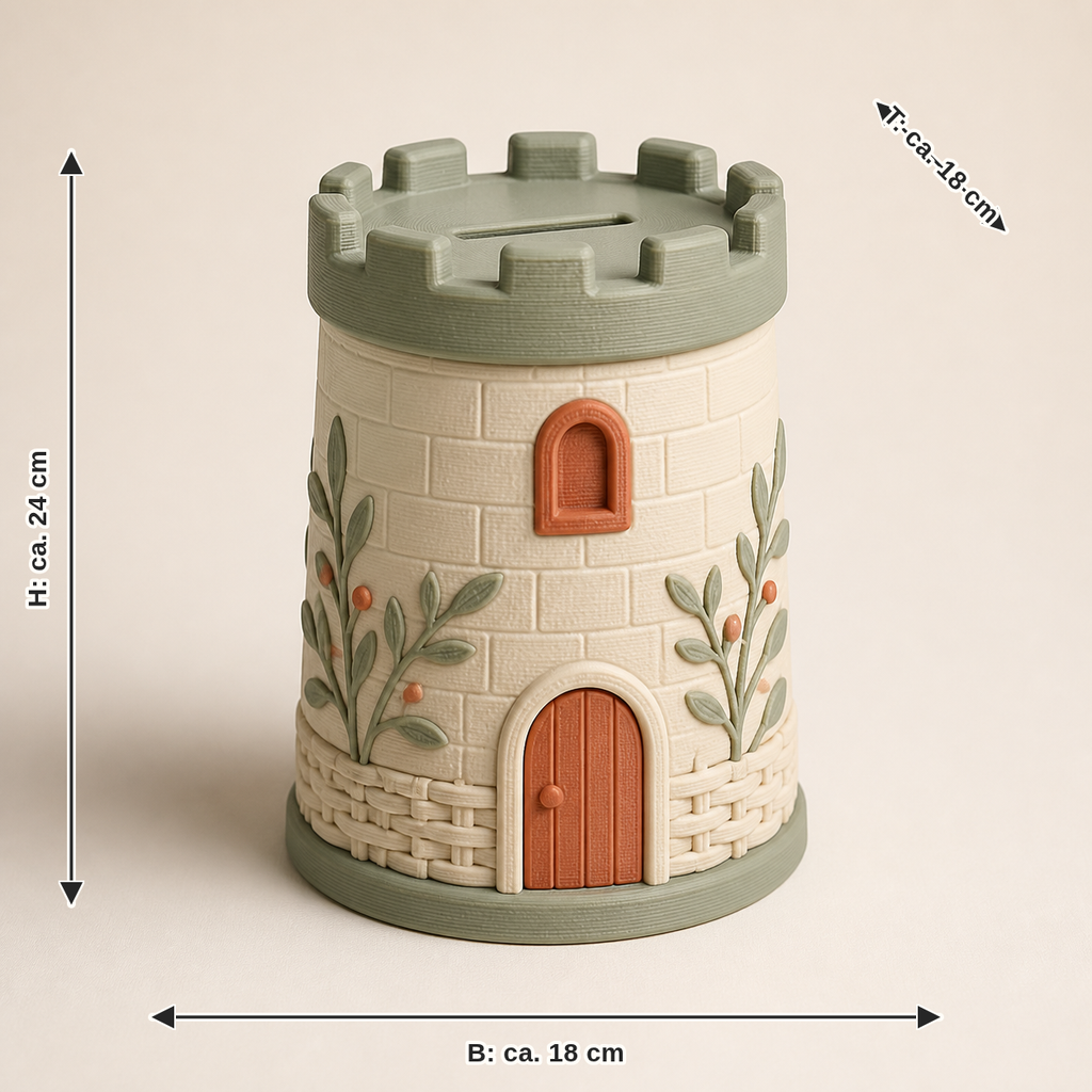 Dimensional image for money box Burgturm – Country: width about 18 cm, depth about 18 cm, height about 24 cm