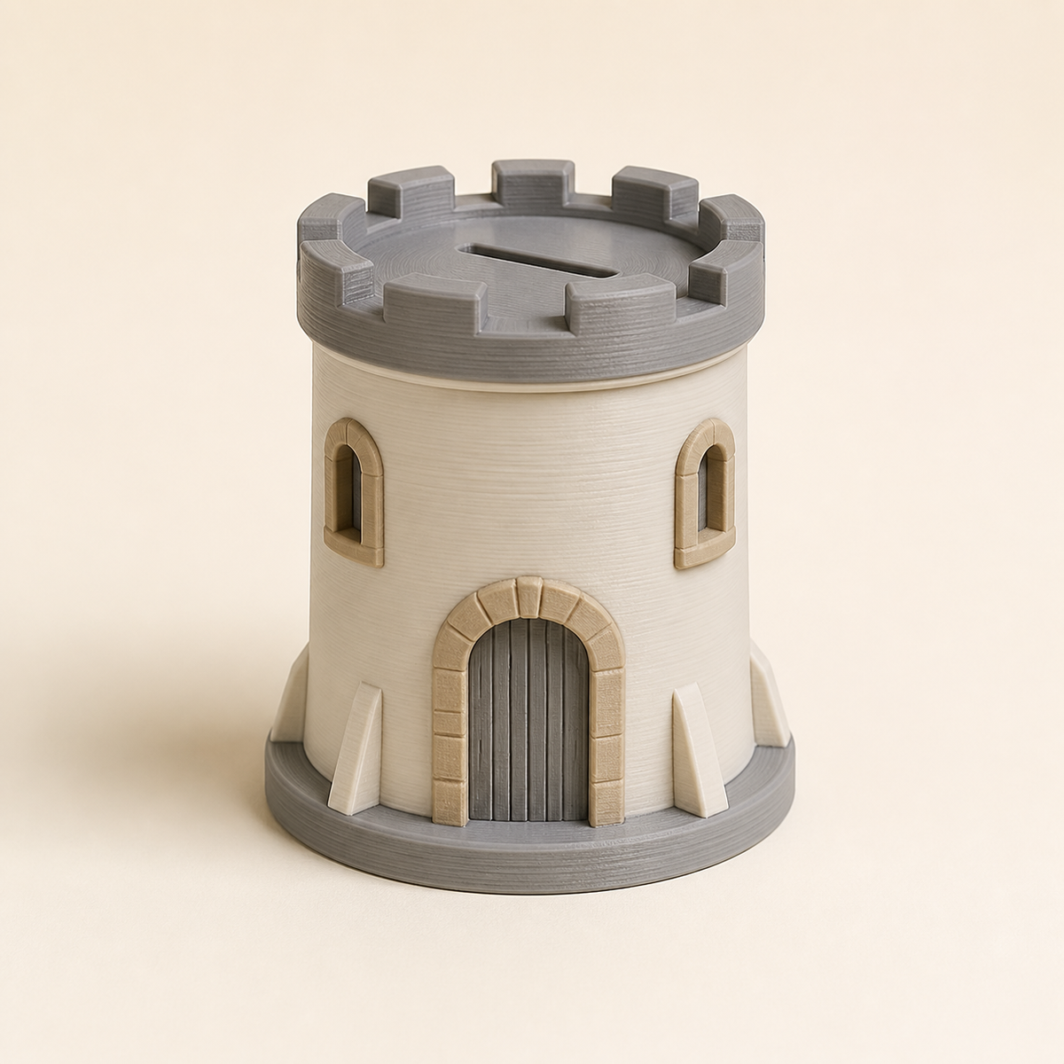 Sparbüchse Burgturm – Minimalistisch aus PETG auf hellem Studiohintergrund