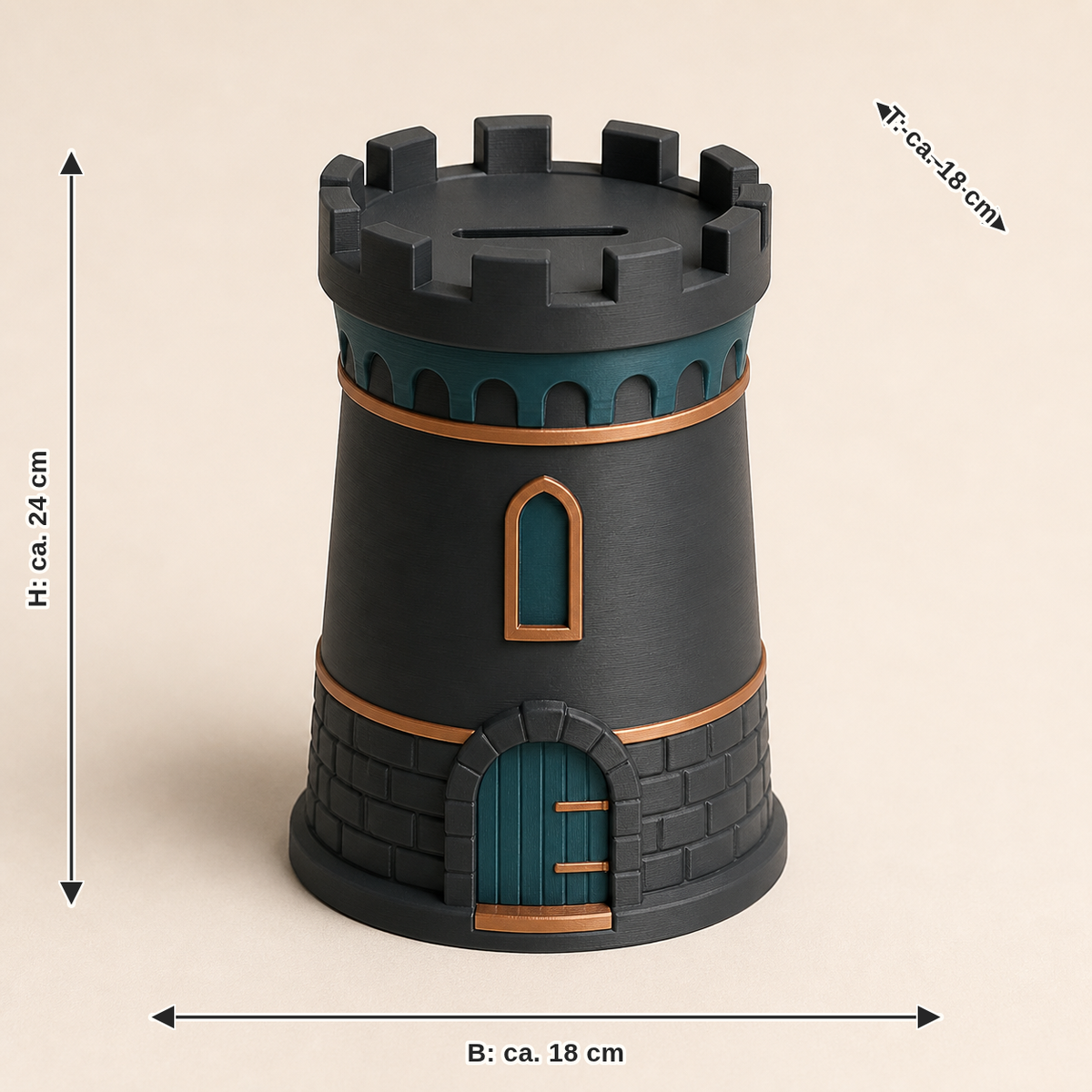 Maßbild für Sparbüchse Burgturm – Modern: Breite ca. 18 cm, Tiefe ca. 18 cm, Höhe ca. 24 cm