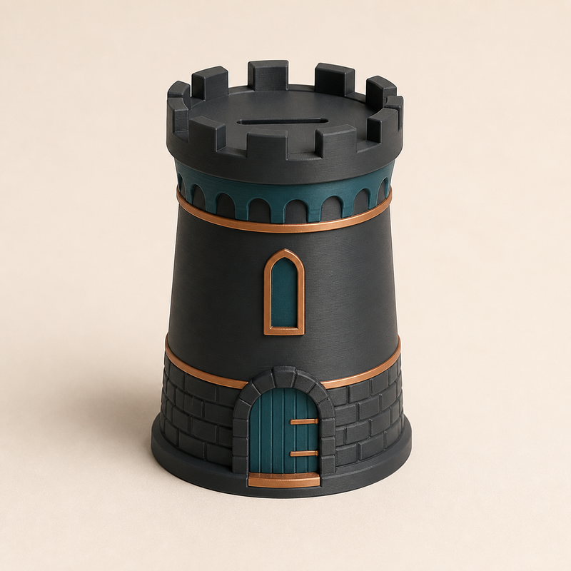 Sparbüchse Burgturm – Modern aus PETG auf hellem Studiohintergrund