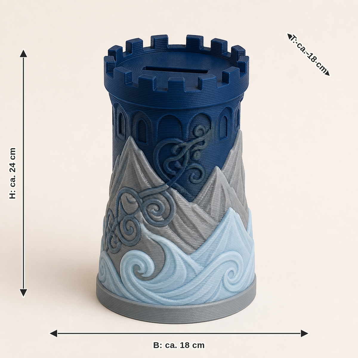Maßbild für Sparbüchse Burgturm – Nordisch & Mythisch: Breite ca. 18 cm, Tiefe ca. 18 cm, Höhe ca. 24 cm