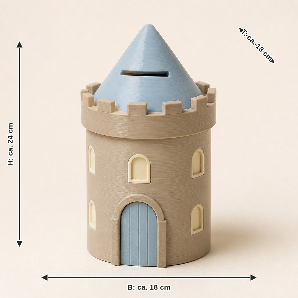 Maßbild für Sparbüchse Burgturm – Still: Breite ca. 18 cm, Tiefe ca. 18 cm, Höhe ca. 24 cm