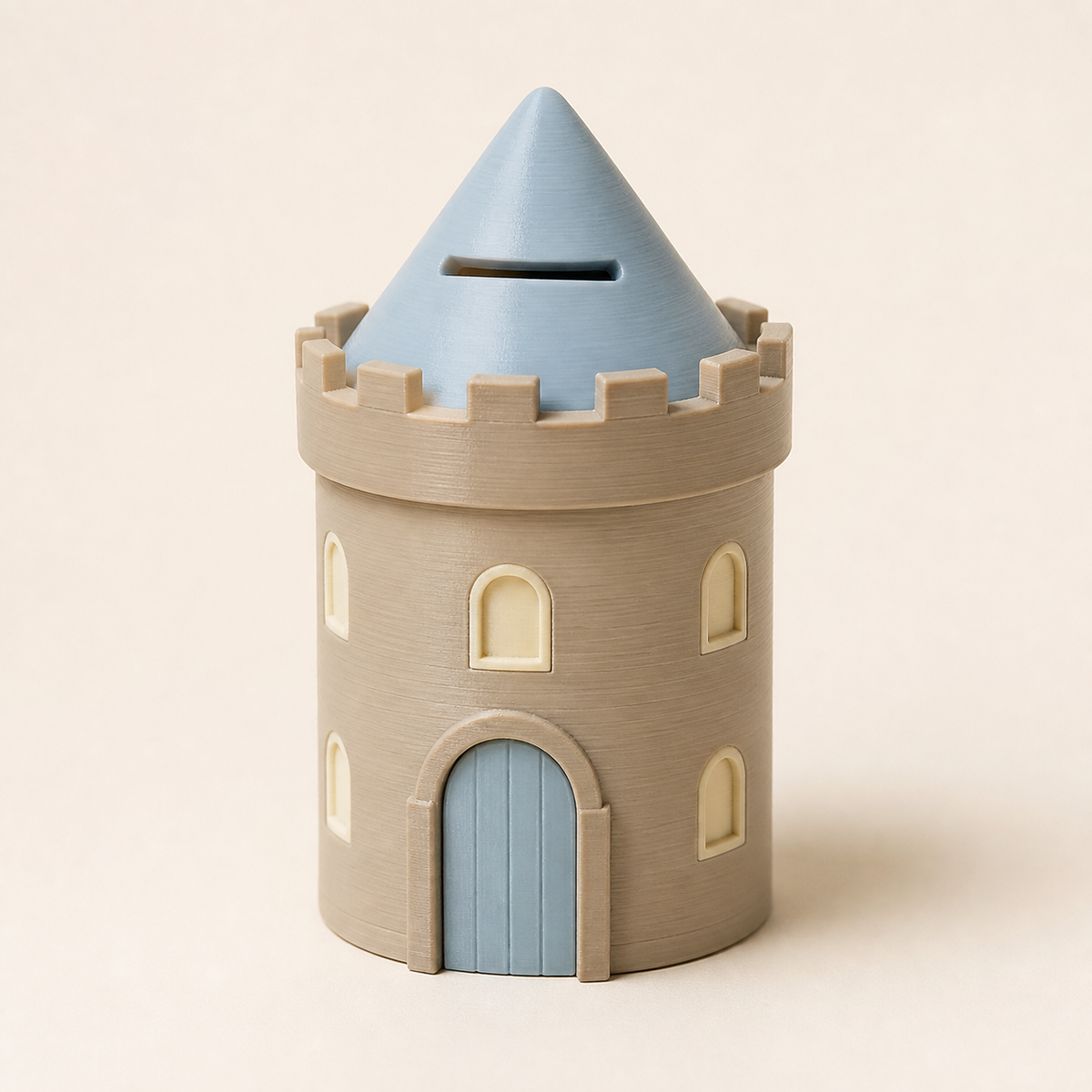 Sparbüchse Burgturm – Still aus PETG auf hellem Studiohintergrund