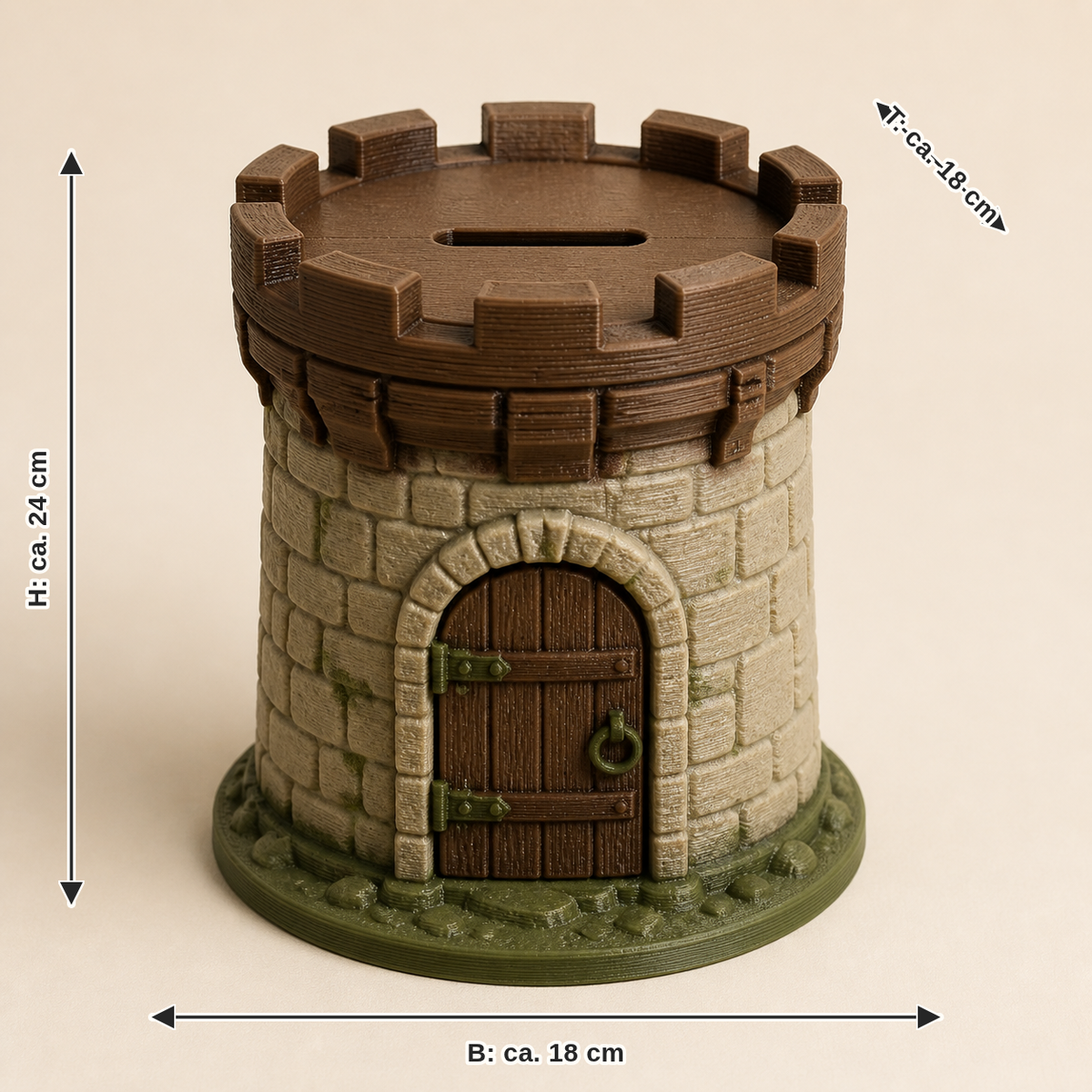Maßbild für Sparbüchse Burgturm – Urig: Breite ca. 18 cm, Tiefe ca. 18 cm, Höhe ca. 24 cm