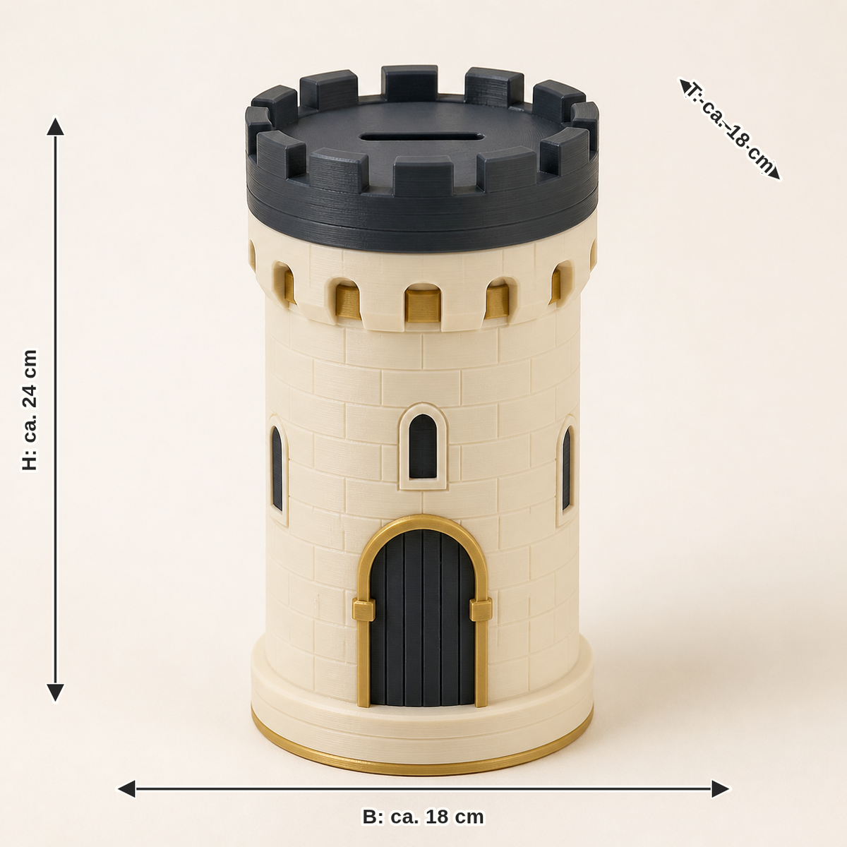 Maßbild für Sparbüchse Burgturm – Zeitlos: Breite ca. 18 cm, Tiefe ca. 18 cm, Höhe ca. 24 cm