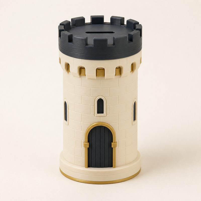 Sparbüchse Burgturm – Zeitlos aus PETG auf hellem Studiohintergrund