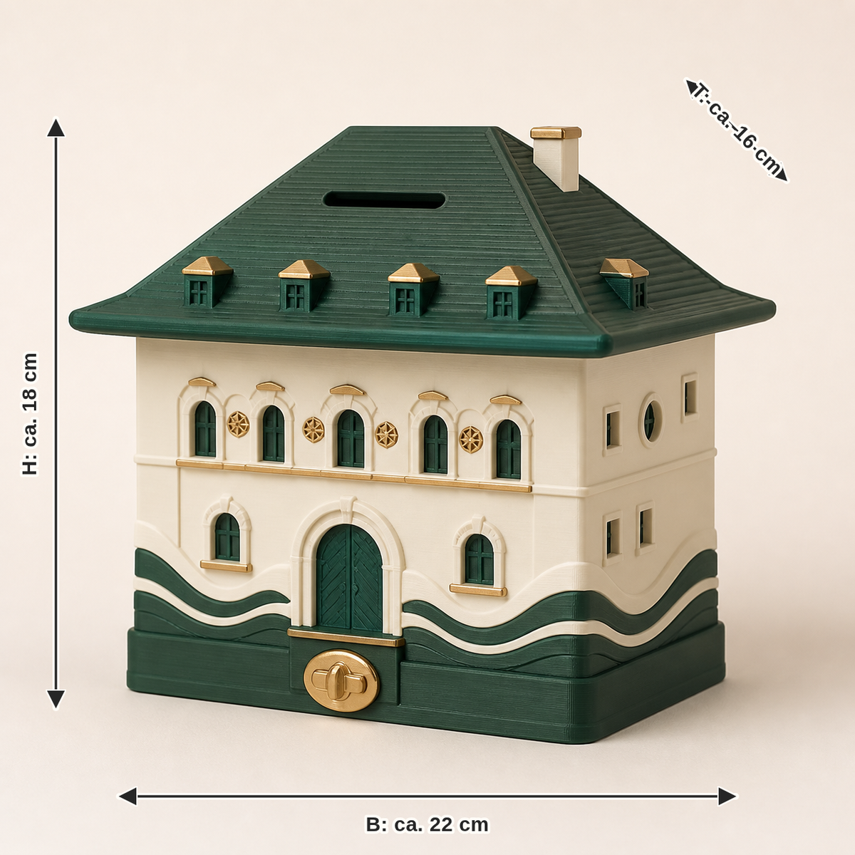 Maßbild für Sparbüchse Alpenhaus – Salzburg: Breite ca. 22 cm, Tiefe ca. 16 cm, Höhe ca. 18 cm