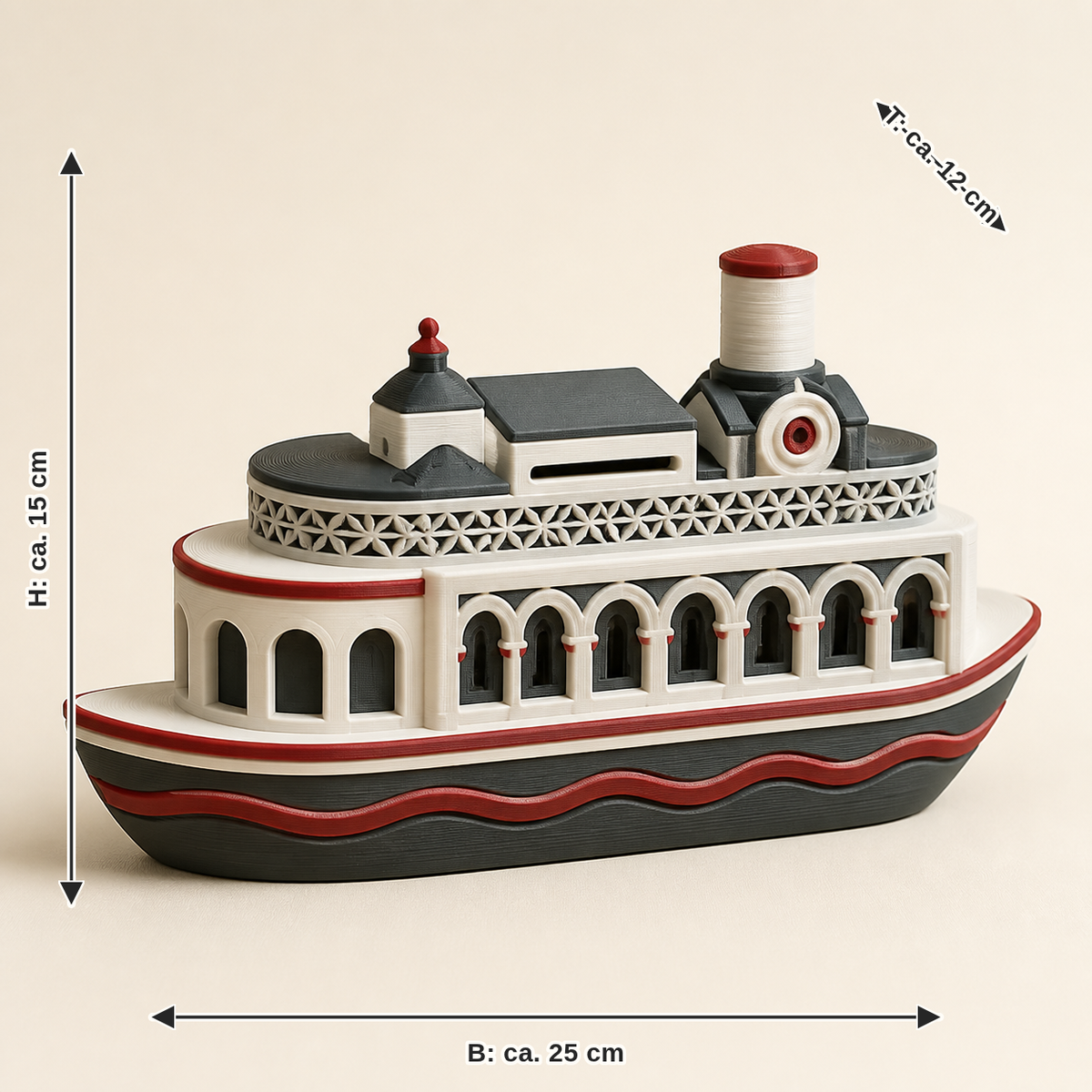 Maßbild für Sparbüchse Salzachschiff – Salzburg: Breite ca. 25 cm, Tiefe ca. 12 cm, Höhe ca. 15 cm