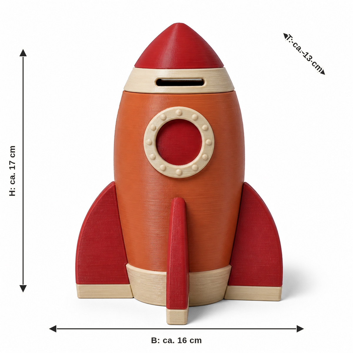 Maßbild für Spardose Raketenrot: Breite ca. 16 cm, Tiefe ca. 13 cm, Höhe ca. 17 cm