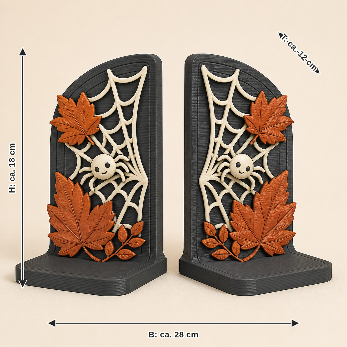 Maßbild für Spinnennetz-Buchstützen-Paar Doppelnetz: Breite ca. 28 cm, Tiefe ca. 12 cm, Höhe ca. 18 cm
