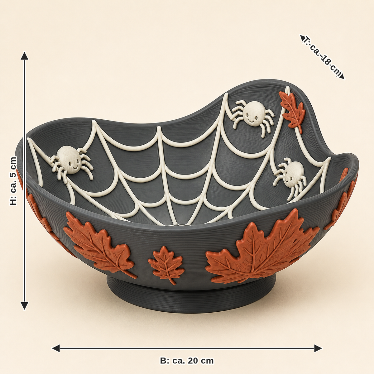 Maßbild für Spinnennetz-Dekoschale Spinnenmulde: Breite ca. 20 cm, Tiefe ca. 18 cm, Höhe ca. 5 cm