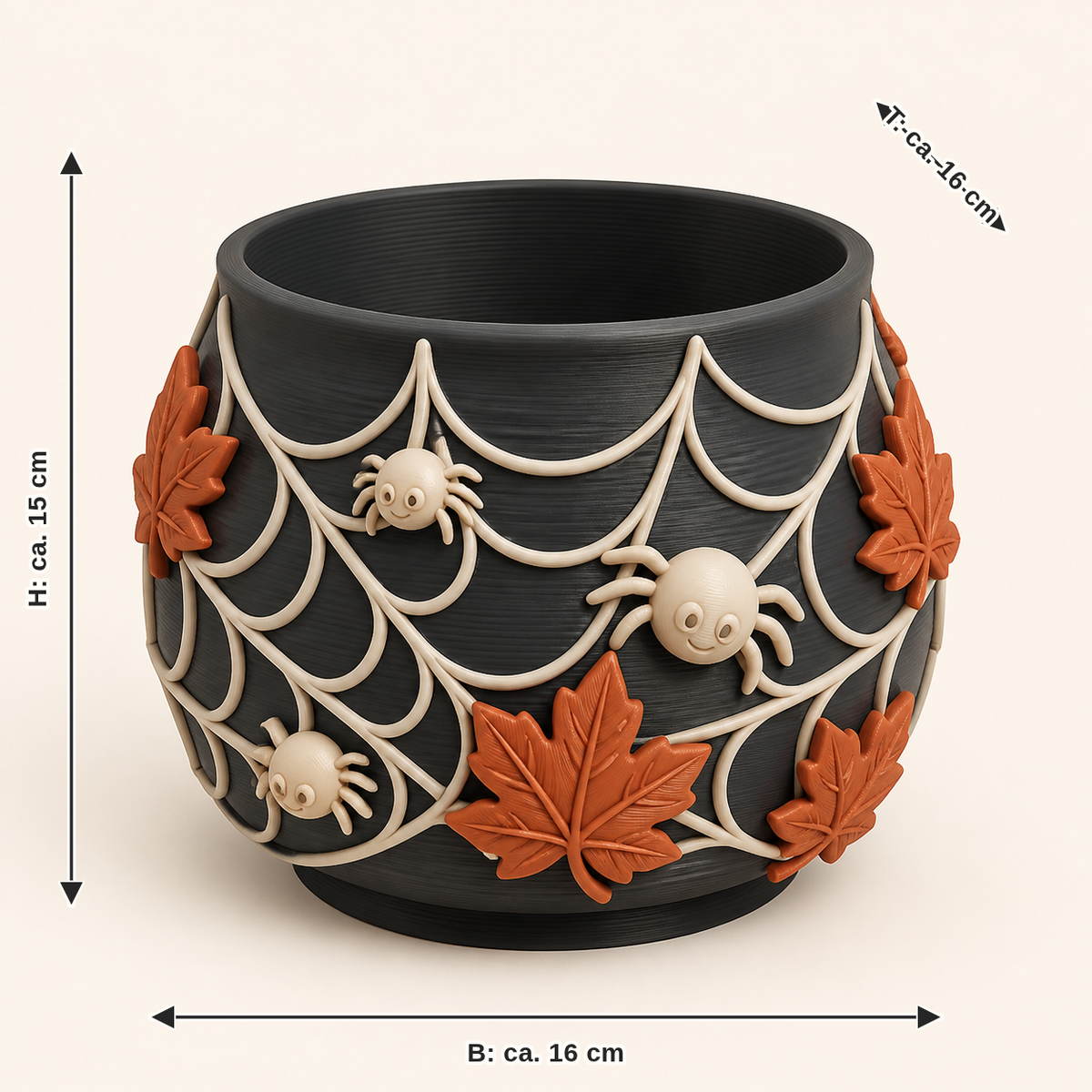 Maßbild für Spinnennetz-Pflanzübertopf Spinnentopf: Breite ca. 16 cm, Tiefe ca. 16 cm, Höhe ca. 15 cm