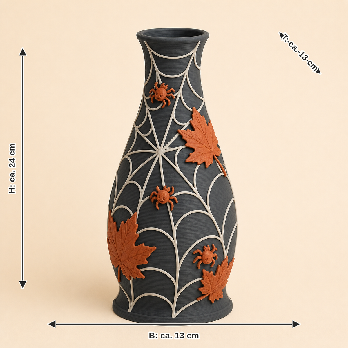 Maßbild für Spinnennetz-Trockenblumen-Vase Netzvase: Breite ca. 13 cm, Tiefe ca. 13 cm, Höhe ca. 24 cm