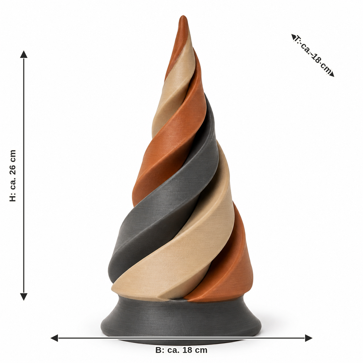 Maßbild für Spiral-Weihnachtsbaum in warmen Naturfarben: Breite ca. 18 cm, Tiefe ca. 18 cm, Höhe ca. 26 cm