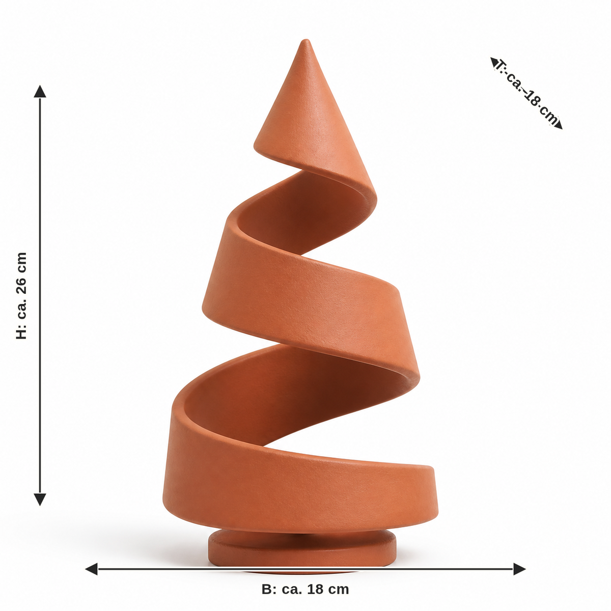 Maßbild für Spiralband-Weihnachtsbaum in Terrakotta: Breite ca. 18 cm, Tiefe ca. 18 cm, Höhe ca. 26 cm