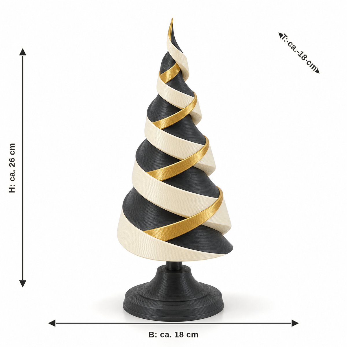 Maßbild für Spiralbaum Elfenbeingold: Breite ca. 18 cm, Tiefe ca. 18 cm, Höhe ca. 26 cm