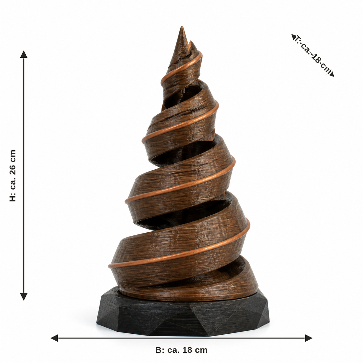 Maßbild für Spiralbaum Kupferwind: Breite ca. 18 cm, Tiefe ca. 18 cm, Höhe ca. 26 cm