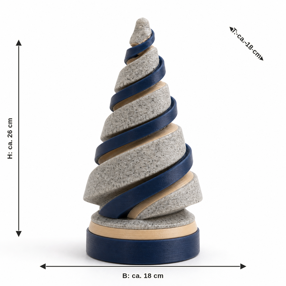 Maßbild für Spiralbaum Nordschnee: Breite ca. 18 cm, Tiefe ca. 18 cm, Höhe ca. 26 cm