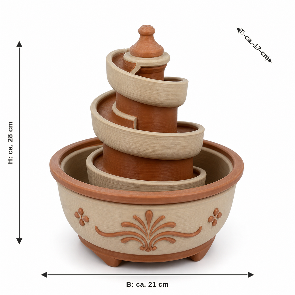 Dimensional image for spiral fountain with three waterways: width approx. 21 cm, depth approx. 17 cm, height approx. 28 cm