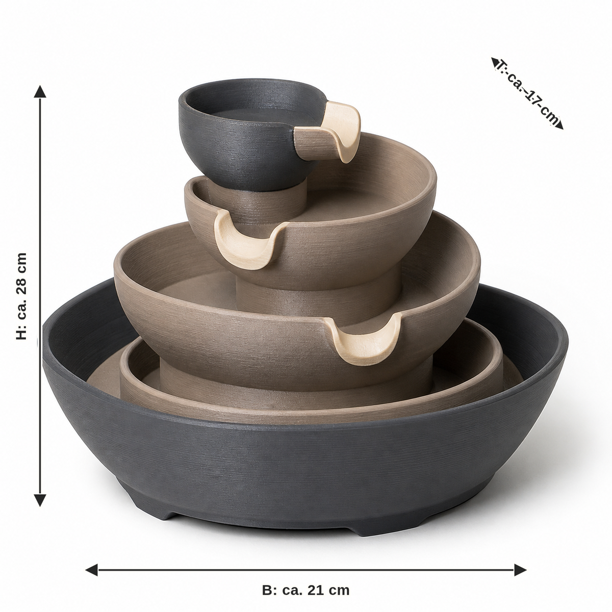 Maßbild für Spiralbrunnen mit sanft gestapelten Schalen: Breite ca. 21 cm, Tiefe ca. 17 cm, Höhe ca. 28 cm