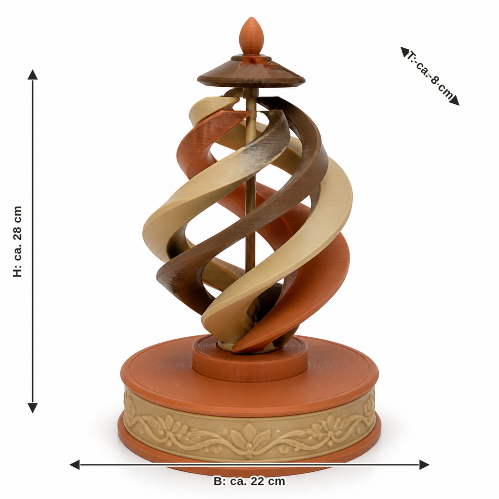 Dimensional image for spiral garden decoration on round base: width approx. 22 cm, depth approx. 8 cm, height approx. 28 cm