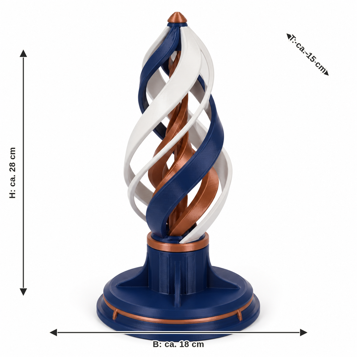 Maßbild für Spiralförmige Gartenskulptur auf Rundsockel: Breite ca. 18 cm, Tiefe ca. 15 cm, Höhe ca. 28 cm