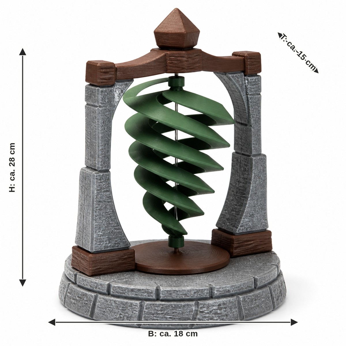 Maßbild für Spiralförmige Gartenskulptur im Rahmen in Steinoptik: Breite ca. 18 cm, Tiefe ca. 15 cm, Höhe ca. 28 cm