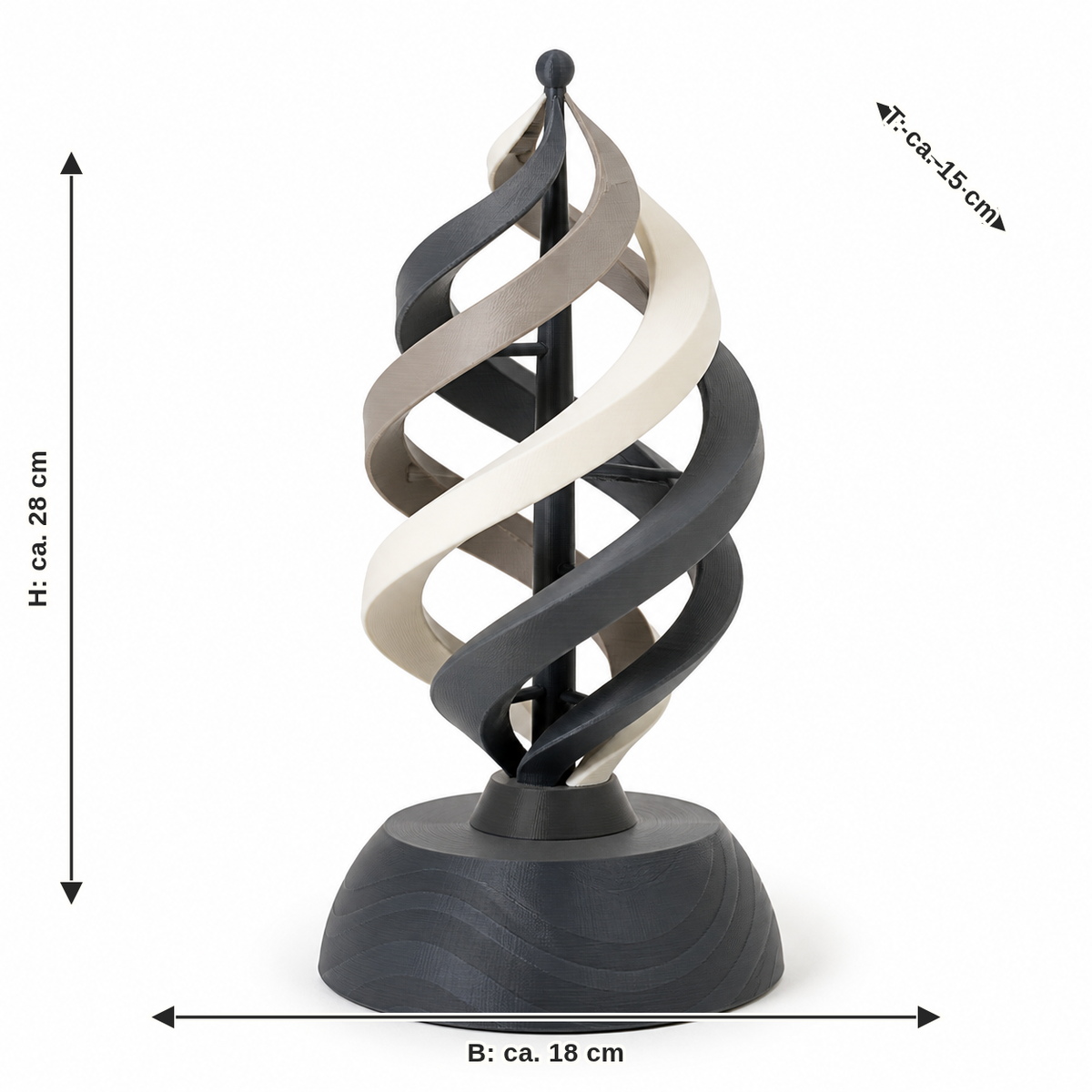 Dimensional image for spiral garden sculpture in calm natural tones: width approx. 18 cm, depth approx. 15 cm, height approx. 28 cm