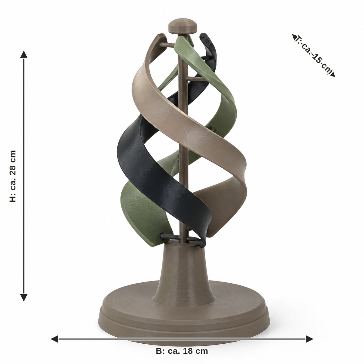 Dimensional image for spiral garden sculpture in taupe and sage: width about 18 cm, depth about 15 cm, height about 28 cm