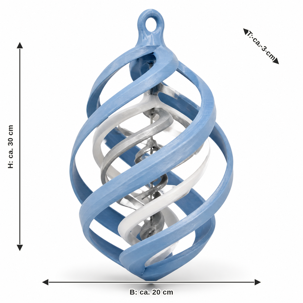 Dimensional image for spiral hanging decoration in sky blue and white: width approx. 20 cm, depth approx. 3 cm, height approx. 30 cm