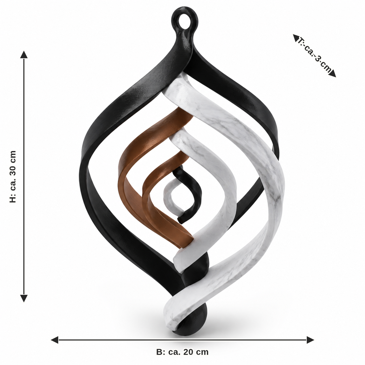 Dimensional image for spiral hanging decoration in black, white and copper: width approx. 20 cm, depth approx. 3 cm, height approx. 30 cm
