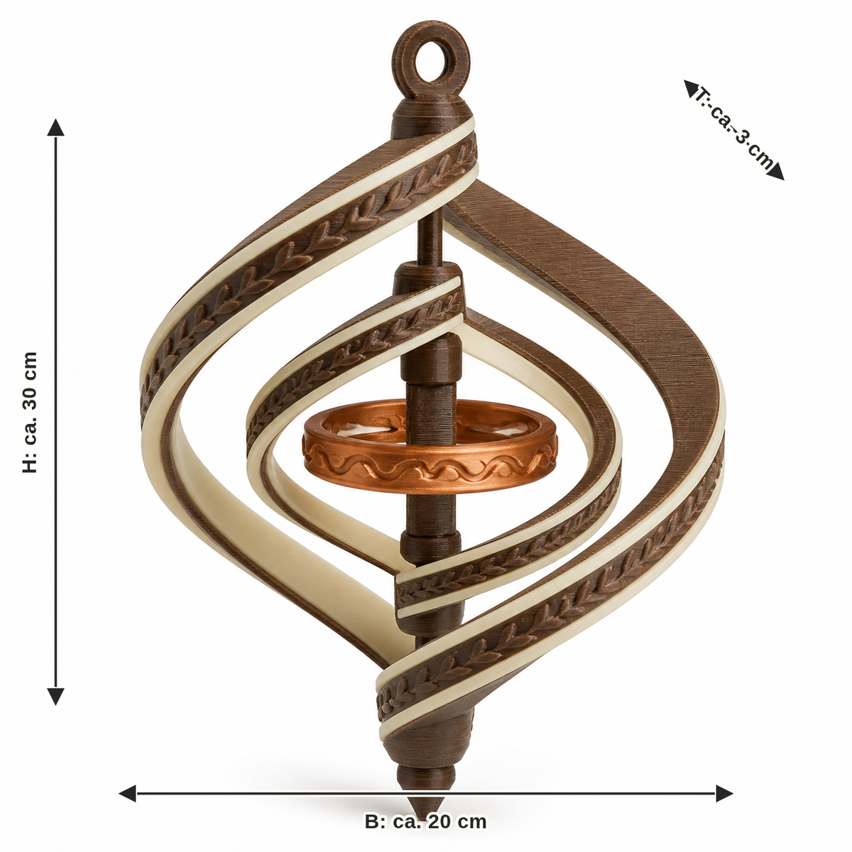 Dimensional image for spiral hanging decoration with middle shell: width approx. 20 cm, depth approx. 3 cm, height approx. 30 cm
