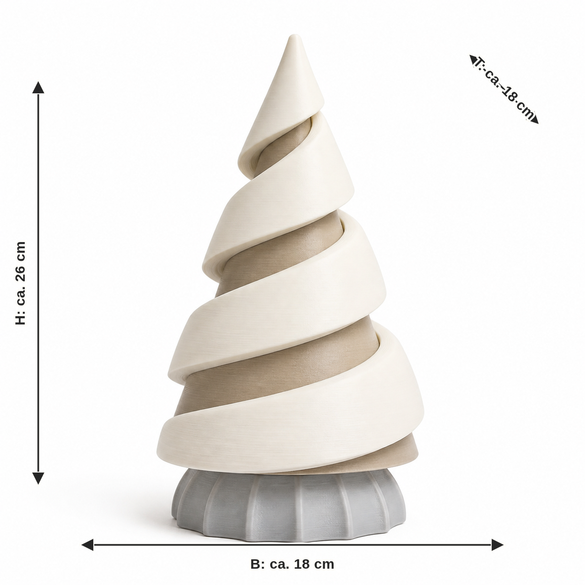 Maßbild für Spiralförmiger Deko-Weihnachtsbaum in Naturtönen: Breite ca. 18 cm, Tiefe ca. 18 cm, Höhe ca. 26 cm