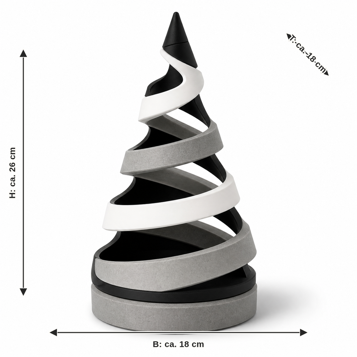 Maßbild für Spiralförmiger Deko-Weihnachtsbaum in Schwarz und Weiß: Breite ca. 18 cm, Tiefe ca. 18 cm, Höhe ca. 26 cm