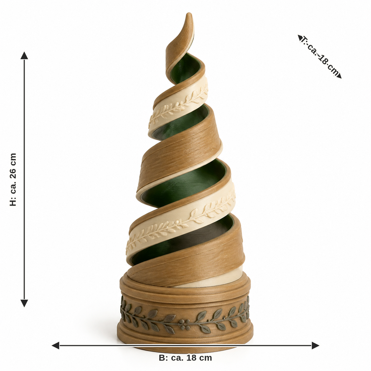 Maßbild für Spiralförmiger Deko-Weihnachtsbaum mit Blätterfries: Breite ca. 18 cm, Tiefe ca. 18 cm, Höhe ca. 26 cm