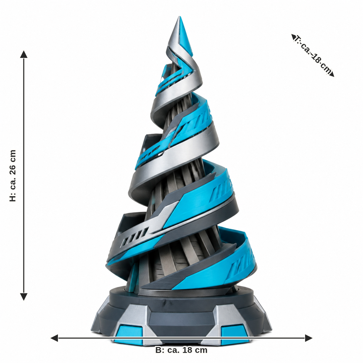 Maßbild für Spiralförmiger Deko-Weihnachtsbaum mit Cyanband: Breite ca. 18 cm, Tiefe ca. 18 cm, Höhe ca. 26 cm