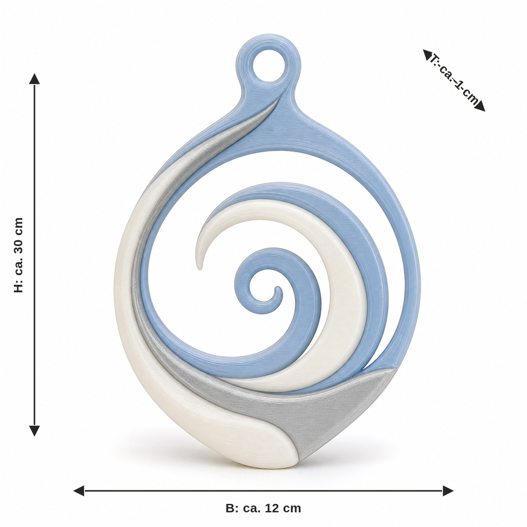 Dimensional image for spiral window ornament in sky blue: width approx. 12 cm, depth approx. 1 cm, height approx. 30 cm