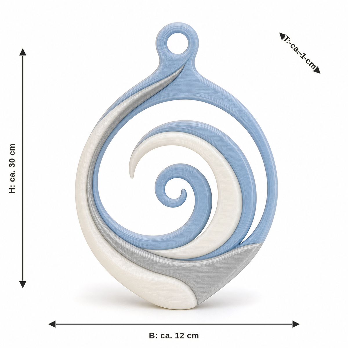 Dimensional image for spiral window ornament in sky blue: width approx. 12 cm, depth approx. 1 cm, height approx. 30 cm