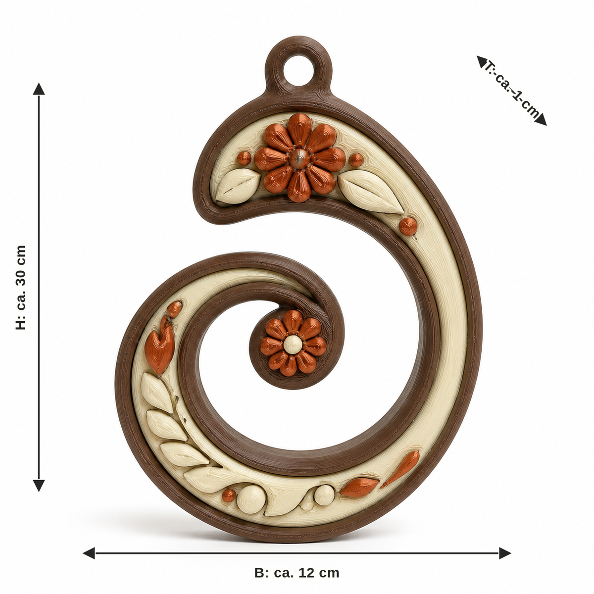 Dimensional image for spiral window ornament with flower branches: width approx. 12 cm, depth approx. 1 cm, height approx. 30 cm